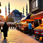**Prompt:** "A bustling Istanbul street scene at sunset. Vendors selling simit from colorful carts, silhouettes of the Hagia Sophia and Blue Mosque in the background. Warm, vibrant colors. Focus on the energy and atmosphere."