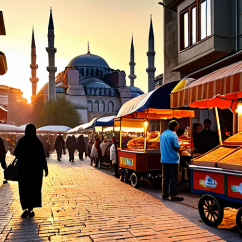 Home 4 **Prompt:** "A bustling Istanbul street scene at sunset. Vendors selling simit from colorful carts, silhouettes of the Hagia Sophia and Blue Mosque in the background. Warm, vibrant colors. Focus on the energy and atmosphere."