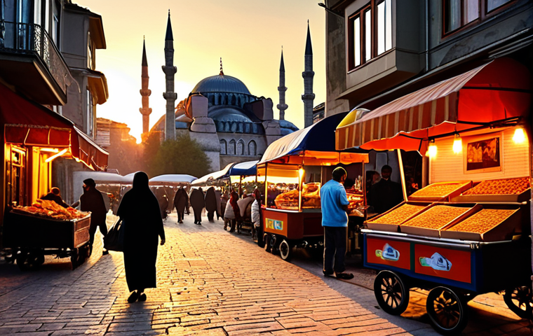 **Prompt:** "A bustling Istanbul street scene at sunset. Vendors selling simit from colorful carts, silhouettes of the Hagia Sophia and Blue Mosque in the background. Warm, vibrant colors. Focus on the energy and atmosphere."