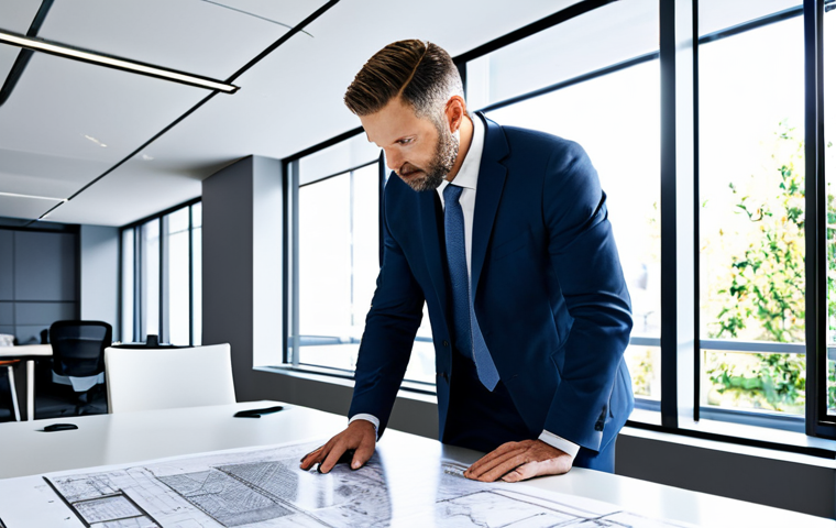 **
A professional architect, fully clothed in appropriate attire, standing in a bright, modern architectural office, reviewing blueprints. Perfect anatomy, natural pose, correct proportions, safe for work, appropriate content, family-friendly, professional setting.
**