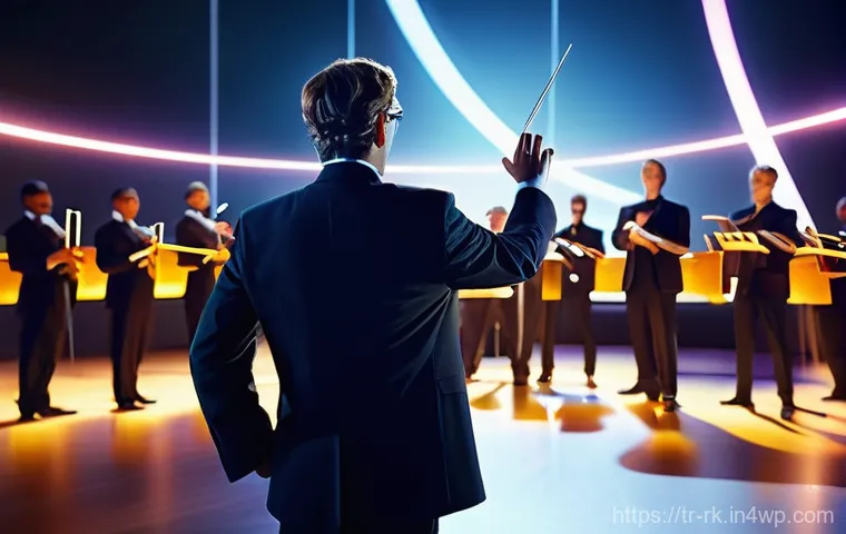 자바스크립트 이벤트 최적화 기법 - **Prompt:** An elegant, futuristic orchestra conductor on a brightly lit stage, gracefully directing...
